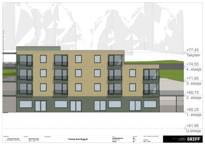 Fasadetegning (opprikk) av bygning sett fra vest, med angivelse av etasjer og høyder.