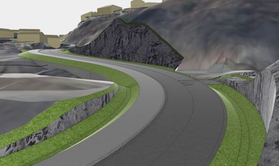 3D-visualisering av en vei som snor seg gjennom et kupert terreng med steinvegger og grønt. I bakgrunnen er det synlige bygninger.