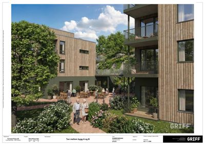 3D-visualisering av et byggeprosjekt (Tun mellom bygg A og B) med detaljerte fasader, balkonger, hage og møblering.
