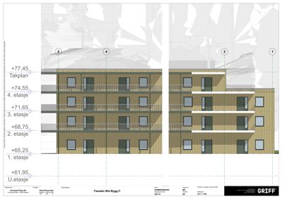 Fasadetegning som viser bygningens utseende fra utsiden med etasjer, vinduer og materialer.