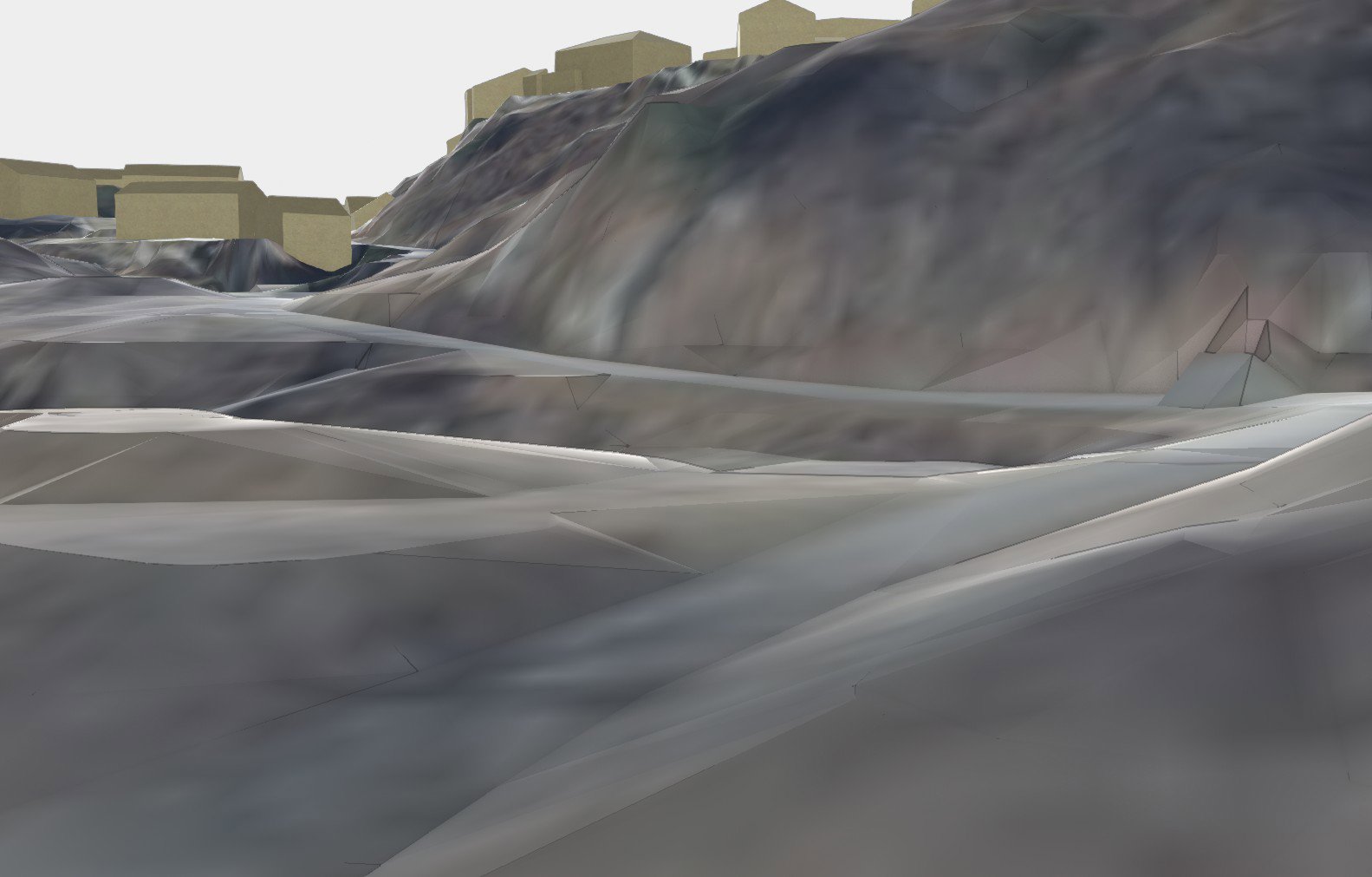 3D-visualisering av et terreng med en bygning i bakgrunnen.