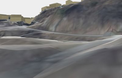 3D-visualisering av et terreng med en bygning i bakgrunnen.