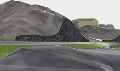 3D-visualisering av et landskap med bygninger plassert på en høyde, sett fra et lavt nivå.