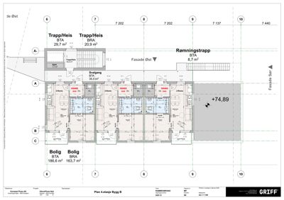 Etasjeplan for 4. etasje i en bygning (Bygg B), som viser romfordeling, arealer og plassering av trapper og heiser.