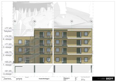 Fasadetegning som viser bygningens utside med vinduer, balkonger og fasadematerialer.