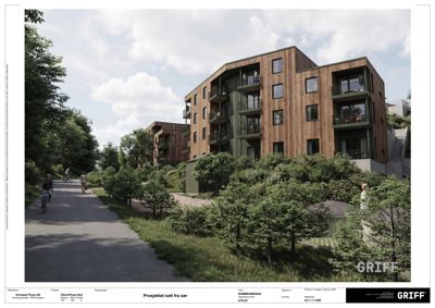 3D-visualisering (rendering) av et byggeprosjekt sett fra en bestemt vinkel, med detaljerte materialer og omgivelser.