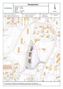 Situasjonskart som viser eiendomsforhold, topografi, nabolag og planlagt byggefelt.