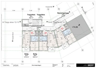 Etasjeplan (4. etasje) som viser romfordeling, arealer (BTA/BRA) og plassering av trapperom og boliger.