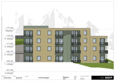 Fasadetegning (opprikk) av bygning sett fra vest, med angitte høyder og etasjer.