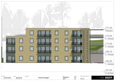 Fasadetegning som viser bygningens utseende fra vest, med høydeangivelser og detaljer om vinduer og balkonger.