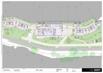 Etasjeplan (Plan 1. etasje) som viser romfordeling, funksjoner (som 'Tropisk', 'Felles aktivitetssone') og utendørsområder for et bygg.
