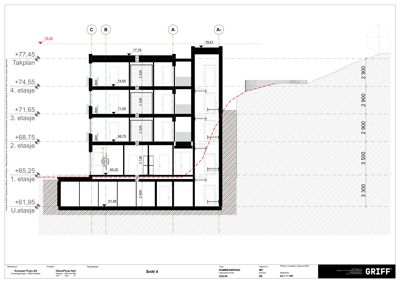 Snittegning (Snitt 4) som viser bygningens tverrsnitt, etasjer, høyder og grunnforhold.