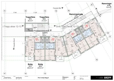 Etasjeplan (Plan 2. etasje) som viser romfordeling, arealer og fasader for Bygg A.