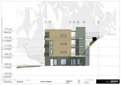 Fasadetegning som viser bygningens utseende fra en bestemt vinkel, med oppgitt høyder og etasjer.
