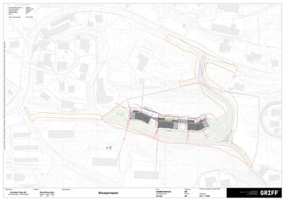 Situasjonsplan som viser tomtens beliggenhet, omgivende infrastruktur, topografi og planlagt bygningsmasse.