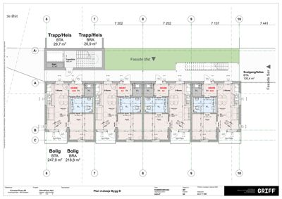 Etasjeplan (Plan 2. etasje) som viser romfordeling, arealer og plassering av trapper og fasader.