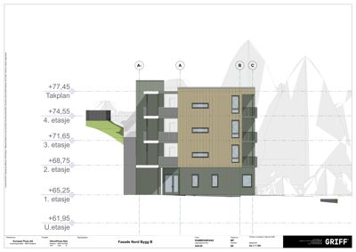 Fasadetegning (opprikk) av bygning sett fra nord, med angitte høyder og etasjer.