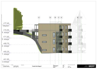 Fasadetegning (opprikk) av bygningens nordside med detaljer om fasadematerialer, vinduer og balkonger.