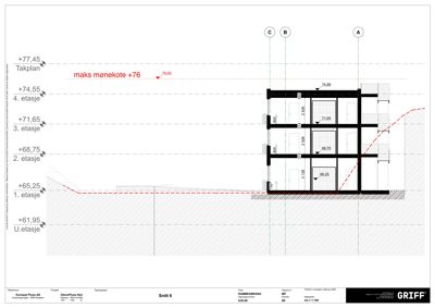 Snittegning (Snitt 6) som viser bygningens tverrsnitt, etasjehøyder, takhøyder og grunnforhold.