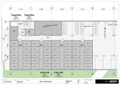 Etasjeplan for 1. etasje (Plan U-etasje) av Bygg B, som viser romfordeling, arealer og plassering av trapper og heiser.