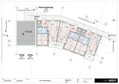 Etasjeplan (Plan 4. etasje) som viser romfordeling, arealer (BTA/BRA) og fasader for en bygning.