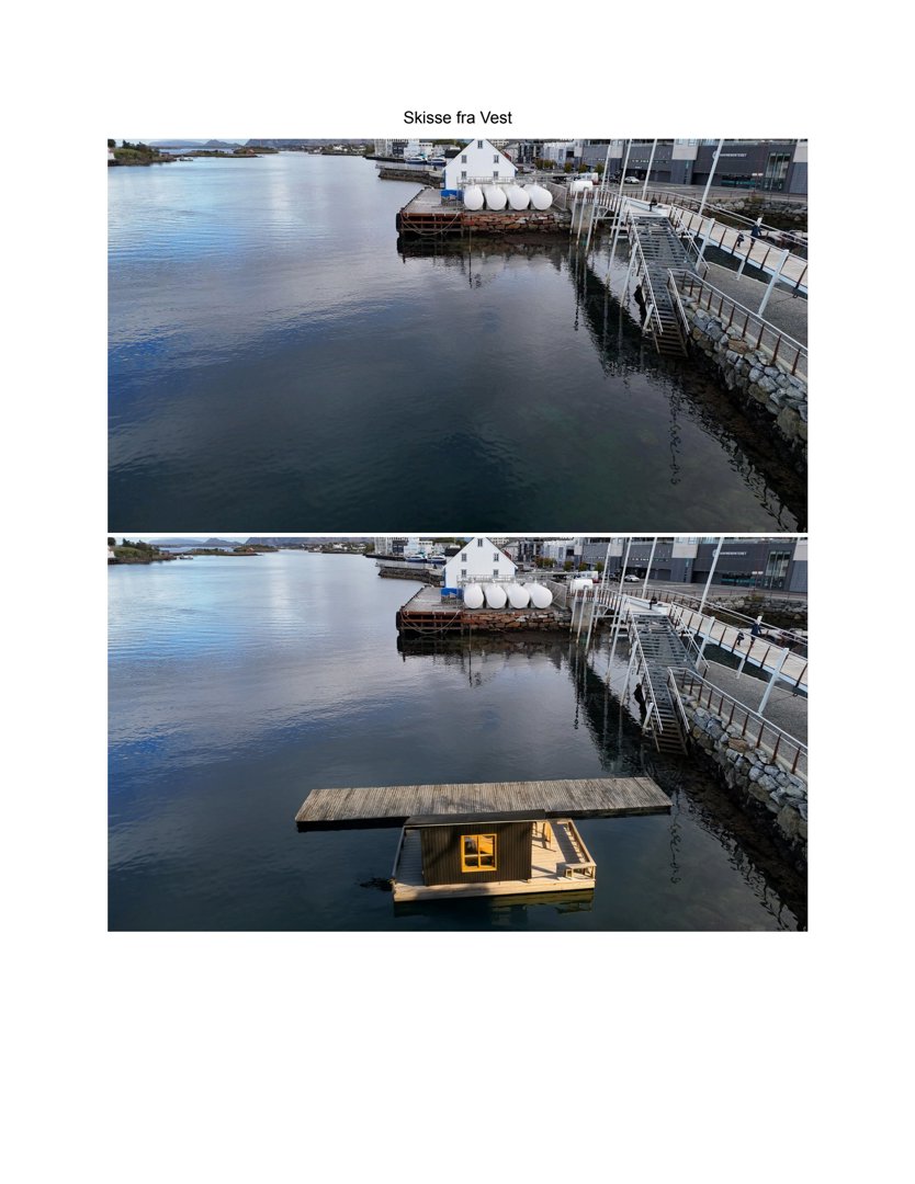 3D-visualisering (rendering) av en planlagt bygning på vannet sett fra vest. Bildet viser både eksisterende infrastruktur og den nye konstruksjonen.