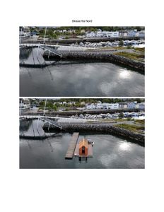 Bildet viser en 3D-visualisering (rendering) av et planlagt prosjekt. Det er to bilder: øverst en situasjonsvisning uten bygningen, og nederst samme scene med en liten hytte på en kai. Tittelen 'Skisse fra Nord' bekrefter at det er en visualisering fra en bestemt vinkel.