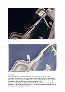 Bildet viser to satellittbilder (Kart 1 og Kart 2) som illustrerer en flytebrygge og en sauna i en havneområde. Bildene er brukt i en byggesak for å vise innvilget dispensasjon og endret plassering.