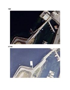 Satellittbilde (kart) som viser et område før og etter en endring, med overlagte tegninger som markerer en bygning.