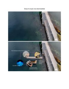 Fotografi (skisse) av en badeplass med en brygge, inkludert detaljer om badeluke og lys under vannet.