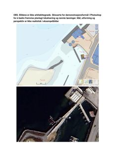 Bildet viser en situasjonsplan (øverst) med vannmasser, vei og bygninger, samt et flyfoto (nederst) med overlagte mål. Begge delene illustrerer bygningens plassering i forhold til omgivelser.