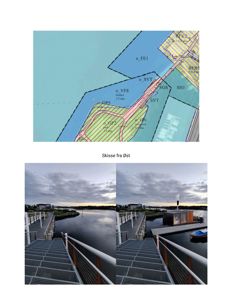Bildet viser to side-om-side fotografier av en kai eller brygge ved vann. Øverst er det en situasjonsplan med betegnelser som 'o_VFE' og 'o_SVT'.