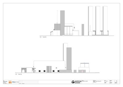 Fasadetegning som viser bygningens utseende fra to ulike vinkler (Sør og Øst).