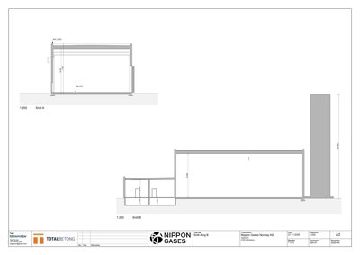 Tegning som viser tverrsnitt gjennom en bygning (eller konstruksjon) med angitte mål og høyder.