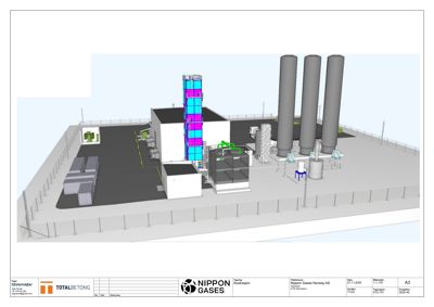 3D-visualisering av en industriell anlegg (Nippon Gases) med fargerike elementer som tyder på et konsept eller designforslag.