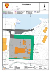Situasjonskart som viser eiendomsgrenser, naboeiendommer og bygningers plassering i forhold til hverandre.