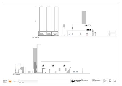 Fasadetegning som viser bygningens utseende sett fra vest og nord.