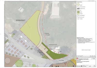 Situasjonsplan som viser tomtens beliggenhet, eksisterende og nye arealer (grønt, asfalt), samt detaljer om parkering og sykkelstier.