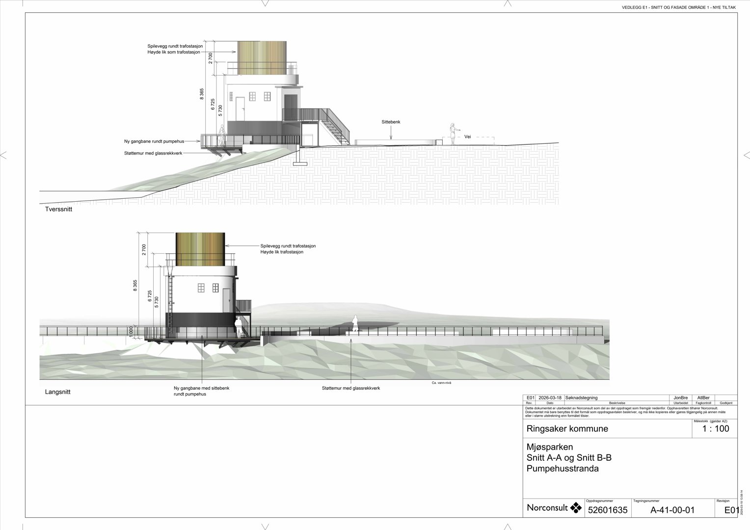 Snittegning (Langsnitt og Tverrsnitt) av Pumpehuset ved Ringsaker strand.