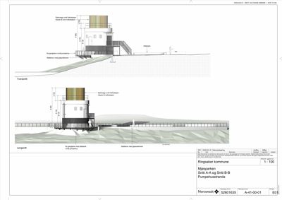 Snittegning (Langsnitt og Tverrsnitt) av Pumpehuset ved Ringsaker strand.