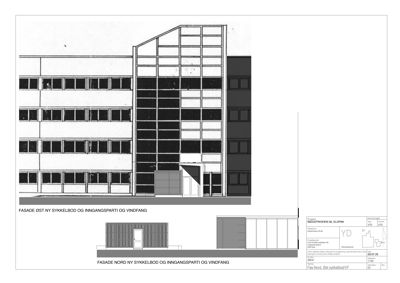 Fasadetegning som viser bygningens utseende fra nord og øst, inkludert vindfang og inngangsparti.