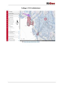 Bildet viser et digitalt kart fra RI Geo med overlag av kvikkleireområder (NVE-kart).