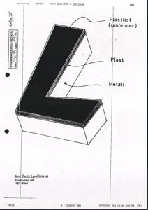 Tegning som viser et snitt av en lyskabe (bokstav L) med materialbeskrivelser som plastlist, plast og metall.
