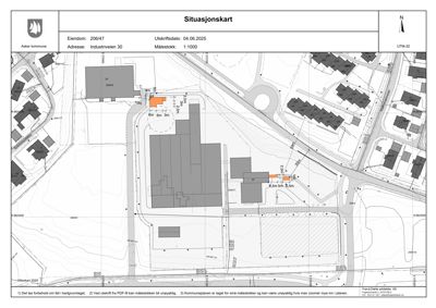 Situasjonskart som viser eiendomsgranser, nabobygninger og infrastruktur.