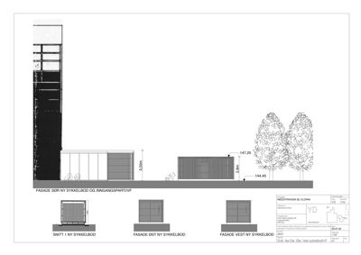 Bildet viser en tegning med fasadeoppvisninger og et snitt av en ny sykkelbod. Det er merket 'FASADE SØR NY SYKKELBOD OG INNGANGSPARTIVF' og inneholder mål og detaljer for fasaden.