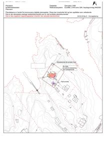 Situasjonsplan som viser tomtens beliggenhet, høydemålerlinjer, eksisterende og planlagt bebyggelse samt reguleringer.