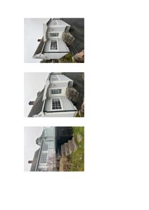 Fotografier av en eksisterende, hvitmalt hytte sett fra ulike vinkler.