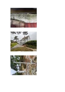 Bildet viser en collage av tre fotografier som dokumenterer et hus og dets omgivelser: øverst en nærbilde på en vegg, midt i bildet et utsikt over hele huset sett fra siden, og nederst et utsnitt av hagen med trær.