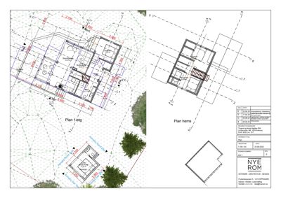 Situasjonsplan som viser tomtens grenser, bygningsplassering, orientering (N/S/E/V) og omgivende infrastruktur.
