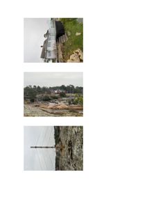 Tre fotografier av en bygning og omgivelsene, inkludert fasade, situasjon og nærbilde på en stolpe.